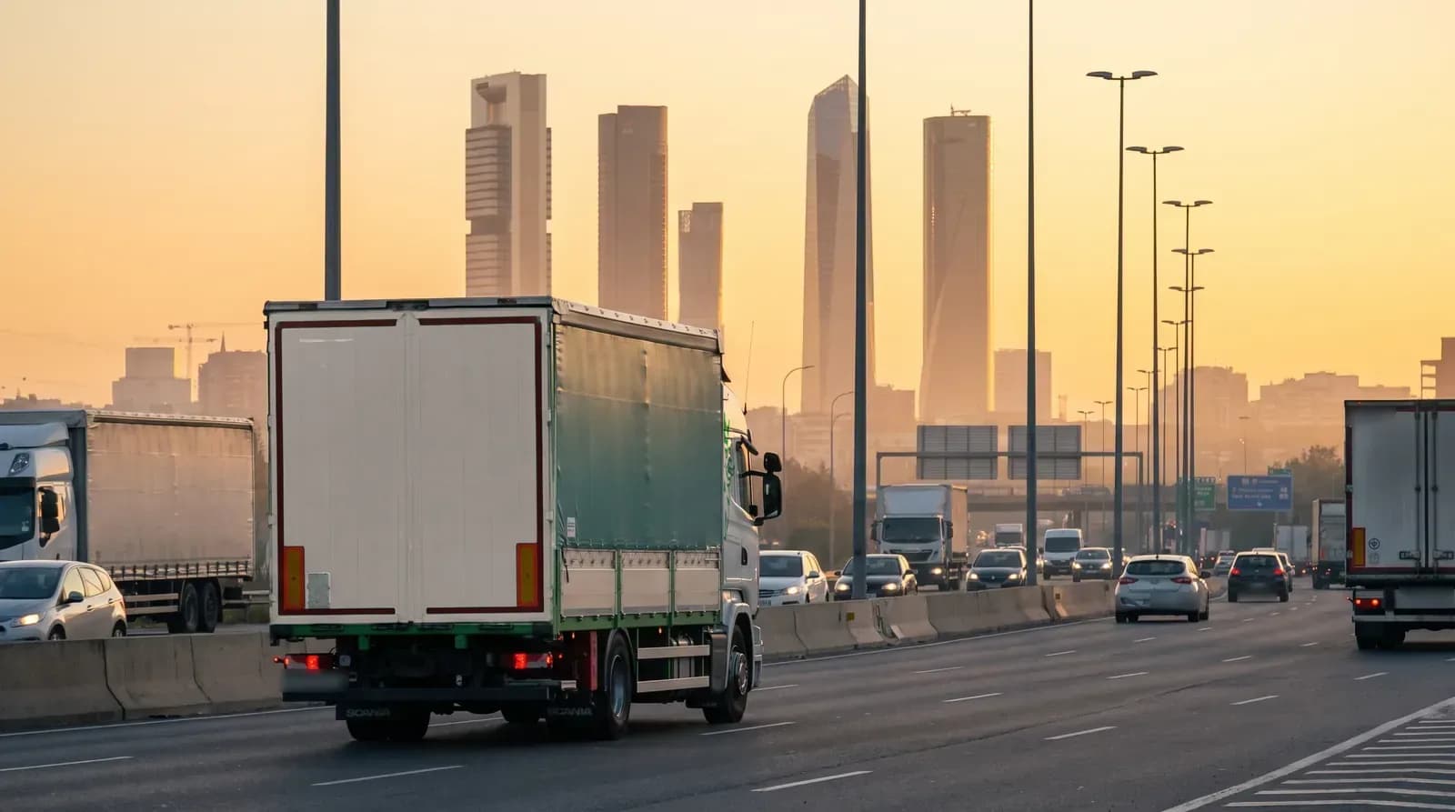 Camión de Transportes Gómez en la M-40 con las torres de Madrid al fondo